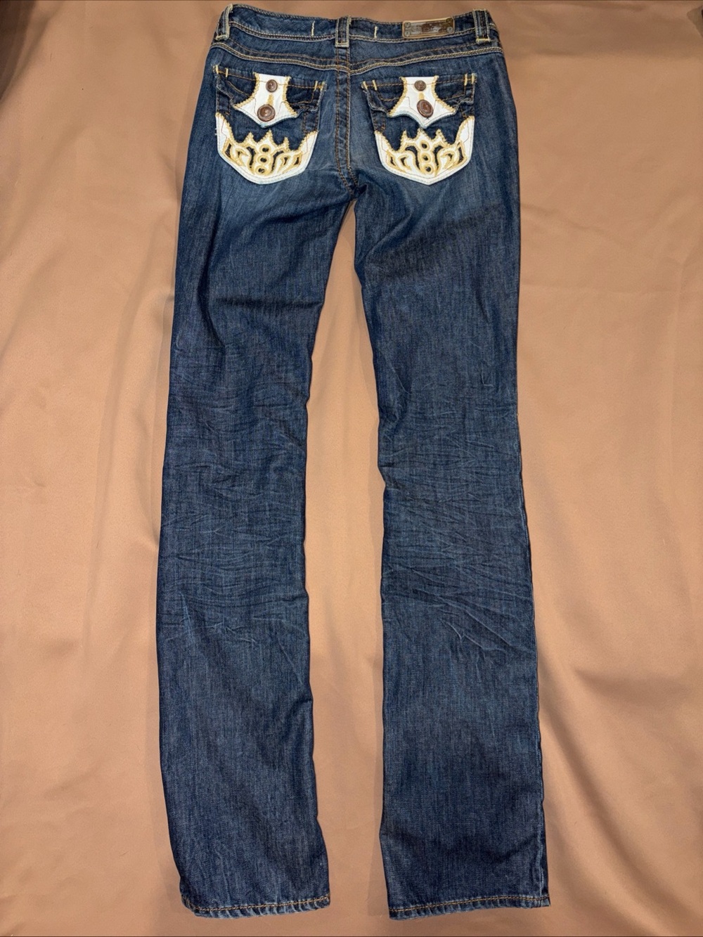 Y2K Woman Jeans Embellished Flap Pockets Low Rise 25 Vintage Indian Rock Culture